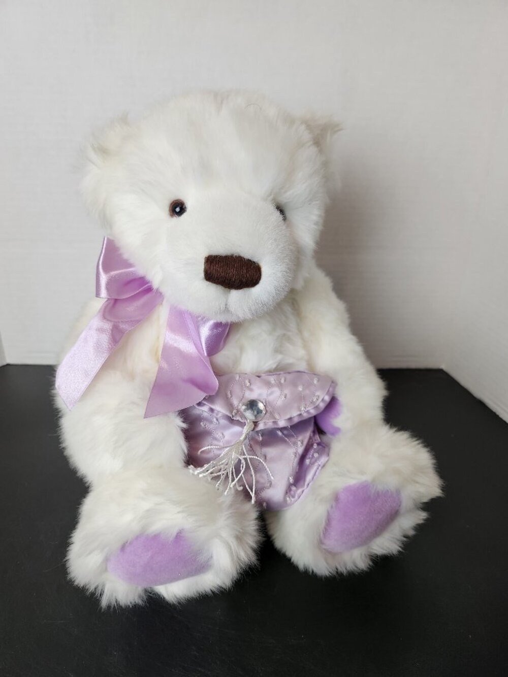 Gund White Teddy Bear Plush #42989 Lavender Bow & Paws Beaded Pouch 15"